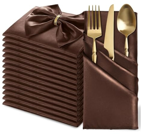 FANSU Servietten 20/50/100er Pack, Satin Hochwertige Stoffserviette Waschbare Weiche Stoffservietten für Weihnachten, Hochzeit, Geburtstag, Feiern (43x43cm/100er Pack,Braun)