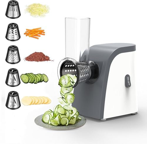 5 In 1 Cheese Grater, Electric Cheese Grater, with 5 Interchangeable Blades, for Block Cheese Grater Shredder Salad Maker for Cheeses, Shredded Carrots Cabbage and Nuts for Home Kitchen Use