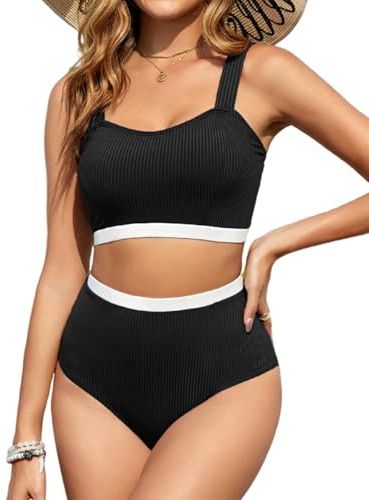 Vancavoo Bikini för kvinnor, tvådelad baddräkt, push-up, sport, bikiniöverdel, hög midja, elastisk ribbade badmode, baddräkt, Svart + vit, S
