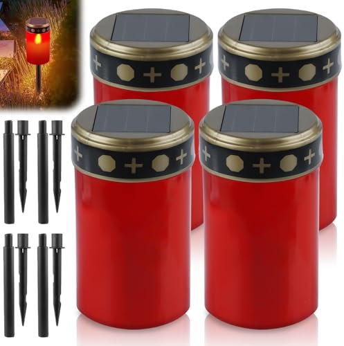 GOMETY Set di 4 candele per tomba, a energia solare, con picchetto, luce per tomba, luce fissa, luci per tomba, illuminazione per esterni, decorazione funeraria, ricordo (rosso) (rosso)