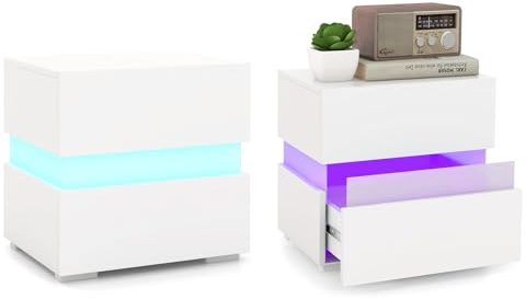 GIANTEX Table de Chevet Éclairage LED, Table de Nuit avec Télécommande, 22 Modes de Lumière, 5 Niveaux de Luminosité, 10 Vitesses, 2 Tiroirs Laqués, Panneaux Acryliques, pour Chambre, Salon (Blanc,2)