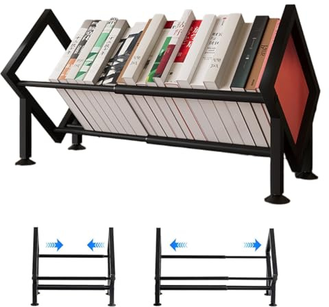 Ayicheyl Bücherregal Klein Schreibtisch Bookshelf, Mini Regal Einziehbar Bücherschrank, Metallisch Tischregal Platzsparend Bücher Organizer für Kinderschreibtische, Büros, Wohnräume (Schwarz)