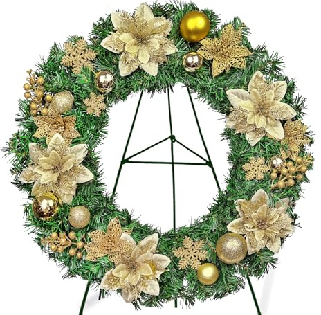 MUVIC Aritificial Cemetery Wreaths for Graves with 30 inch Stand,Golden Poinsettias and Decorative Ball, Christmas Wreath for Headstone