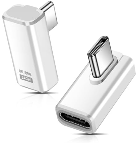 2 Stück USB C Extender Adapter 90 Grad, 80Gbps USB C Stecker zu Buchse Zwischen Winkel Adapter, 240W Thunderbolt 5 Extension Connector für iPhone 15/16, Tablet, Telefone, andere Typ C Geräte (Weiß)
