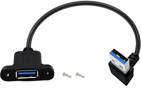 HuaLiSiJi USB 3.0 Panel Mount Cable with Screw 90 Degree USB Male to Female Extension Cable for Keyboard, Mouse, Printer, Scanner (Upward Bend, 0.3 m)