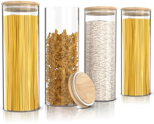 Arendo - Vorratsgläser mit Deckel - 4er Set - Behälter aus Glas – hitzebeständig – Vorratsdosen mit Bambusdeckel - luftdicht - für Spaghetti Müsli Zucker Mehl Kaffee Reis