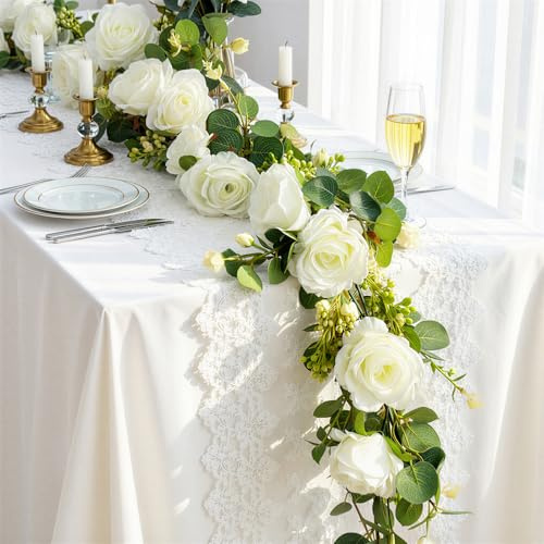 Lewondr Guirnalda de Eucalipto Artificial con Flores, 2PCS 4M Guirnaldas de Flores Falsas, Enredaderas Florales Artificiales, Sin Mantenimiento para Decor Mesa Boda, Salón Fiestas, Blanco