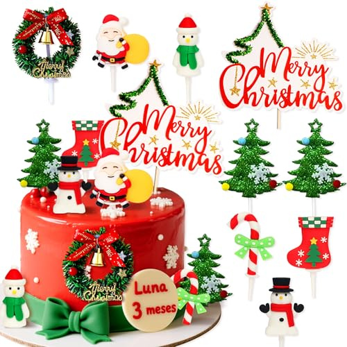 LaVenty 9 Pack Santa Claus Merry Christmas Cake Toppers | Snowman Deer Christmas Tree Cake Topper Picks for Merry Christmas Theme Holiday Party Cake Decorations Supplies