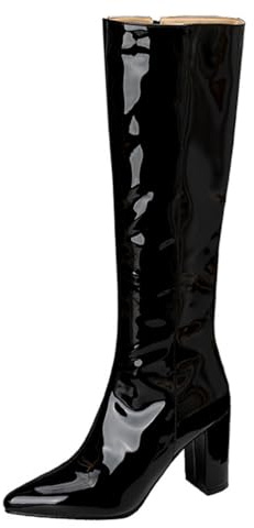 Stivali Lunghi Donna in Pelle Verniciata Punta Tonda Tacco Largo Stivali al Ginocchio per Streetwear Autunno Inverno & Tempo Libero Finitura Lucida,Nero,35 EU