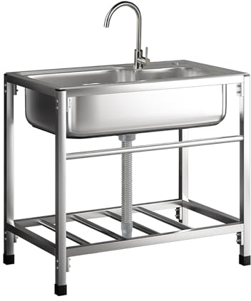 Lavello in Acciaio Inox 1 Vasca, Lavandino da Esterno con Rubinetto Lavandino Commerciale Lavello Autoportante Lavabo Cucina Lavamani Industriale Per Esterni Cortile Garage Campeggio 68X44cm