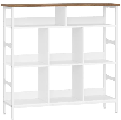 Fobyfurny Bücherregal Regal, 106 x 33 x 100,5 cm, Weiß und Braun | Bücherschrank mit 8 offenen Fächern, für Wohnzimmer, Schlafzimmer, Büro, Arbeitszimmer, FFSG001FWR1