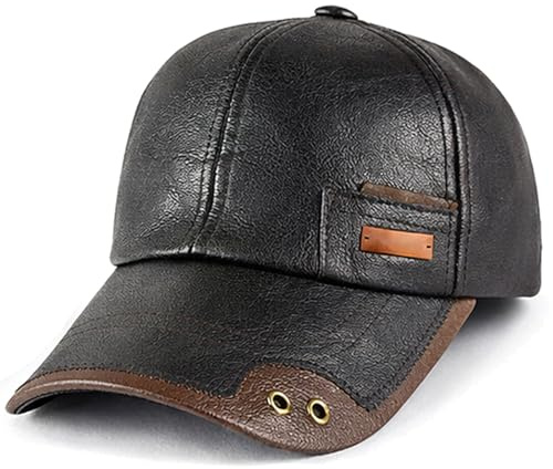 WarmHide - Leder Winterkappe, Wintermütze Herren, Winddichte PU Leder Winter Kappe mit dickem Fleece-Futter, Verstellbare Baseball-Style Mütze für Outdoor, Auto, kaltes Wetter (Schwarz)