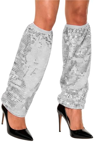 Discokugel Kostüm Damen Pailletten Stulpen Silber Glitzer 70er 80er Disco Accessoires, 1 Paar Karneval Metallic Silberne Hippie Beinstulpen Glitzerkostüm für Fasching Karneval Discokugel,Mottoparty