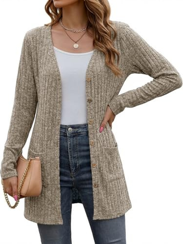 Cicy Bell Cardigan lungo da donna, a maniche lunghe, con tasca aperta sul davanti, cachi, S