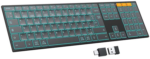 OMOTON Clavier sans Fil Bluetooth Métal Rétroéclairé AZERTY, Graphite | Rechargeable, 2.4Ghz, Ultra-Fin, avec 2 Canaux Français Keyboard à Ciseaux Ergonomique Silencieux pour PC/Mac/Windows