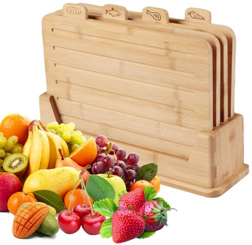 Wooden Chopping Board Set: 4Pcs Book Cutting Boards, Bamboo Wood Chopping Board Set with Stand, Durable Kitchen Gadgets for Meat Fish Bread Vegetable Fruit