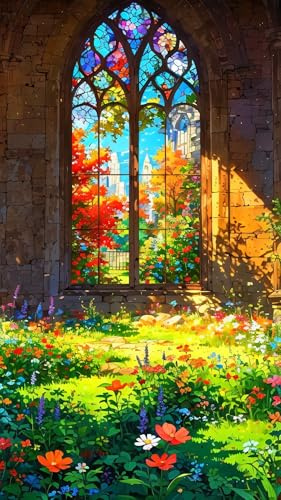 ARTGOTO Peinture par Numéros Adulte Fenêtre Gothique Jardin Fleuri | Grand Format 40 x 70 cm sans Cadre - Kit DIY sur Toile avec Paysage Coloré et Vitrail pour Décoration Murale