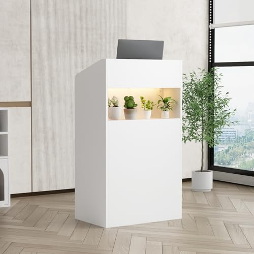 PREMTURE Small Reception Desk with LED Lighting, Compact White Front Counter with 2 Storage Shelves, Engineered Wood Slim Reception Podium for Office Shop Beauty Salon Lobby