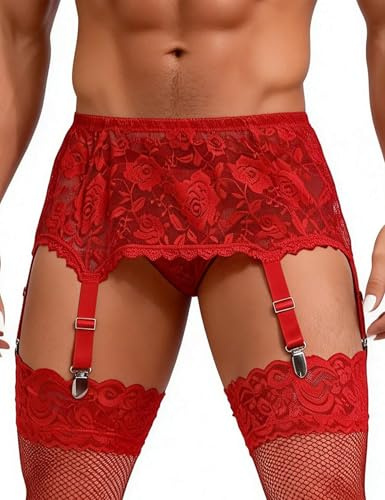 ohyeahlady Porte Jarretelle Homme Sexy Dentelle Sissy Grande Taille | Pour Bas,6 Jarretelles éLastique,Ceinture Elargies Réglable,Tenue Hot,Lingerie Dentelle,Sous Vetement,Gay,Bretelles Larges