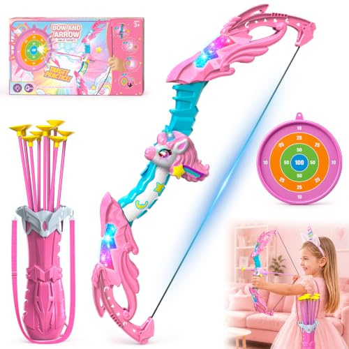 Innofans Jouet Licorne pour Fille, Arc et Flèches Enfant avec 20 Flèches à Ventouse & Cible, Kit de Tir à l'arc avec Carquois, Cadeau Licorne pour Filles de 3 4 5 6 7 8 9 10 Ans