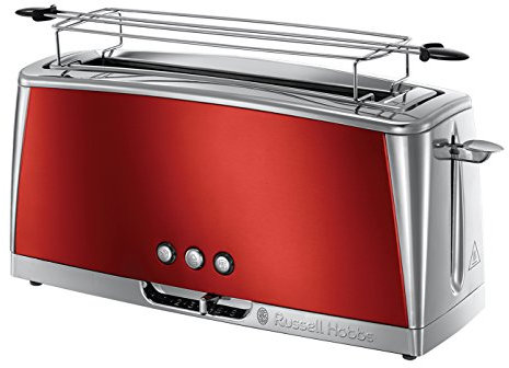 Russell Hobbs Tostapane - Design Lungo per 2 fette o 1 fetta larga di pane - Acciaio Inox Color Rosso; Scomparto per toast extra ampio; 6 livelli di doratura; Funzione di scongelamento, Luna 23250-56