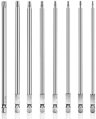 Glunlun 8 Stück Torx Bits Schraubendreher Set Extra Lang (150mm) und magnetisch Zoll Sechskant Schaft Elektrische Schraubendreher Werkzeuge 1/4 Zoll T8-T40 Reparatur Set