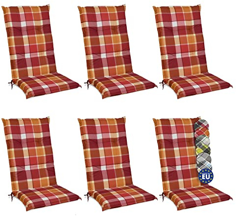 Beautissu 6er Set Hochlehner Auflagen für Gartenstühle rutschfest | 120x50cm Rot Kariert 6cm Dicke Polsterauflage bequem Stuhlkissen Sitzauflage Polster UV-Lichtecht Sunny RO