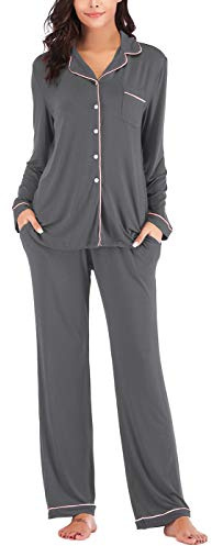Cute Pajamas Set for Women Modal Cotton Long Sleeve Button Down Pajama Set Sleepwear Gray S