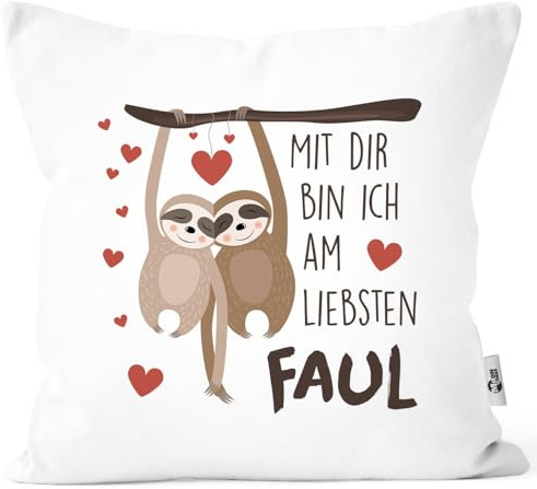 MoonWorks® Kissen-Bezug Spruch Mit dir Bin ich am liebsten faul Faultier Geschenk Liebe Freundschaft Valentinstag Geburtstag Freund Freundin Weiss Unisize