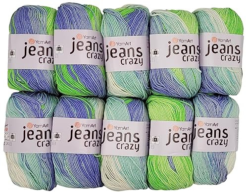 10 x 50g Strickwolle YarnArt Jeans Crazy mit 55% Baumwolle, 500 Gramm Wolle mit Farbverlauf mehrfarbig (grün blau creme 8208)