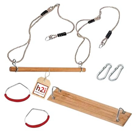 h2i Ensemble de planche à bascule, anneaux de gymnastique et balançoire trapézoïdale | Barre trapézoïdale en bois avec cordes et mousquetons | Balançoire pour enfants extérieur et intérieur |
