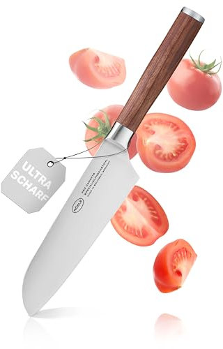 RÖSLE Santokumesser Masterclass 17 cm - Hochwertiges Küchenmesser zum feinen Schneiden von Fleisch, Fisch und Gemüse, Klingenstahl, ein scharfes Schneidemesser mit ergonomischem Griff aus Walnussholz