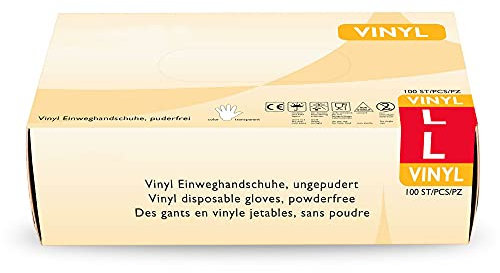 Vinylhandschuhe 100 Stück in L I Latexfreie Einmalhandschuhe aus Vinyl I Geeignet für Tattoo-Studio, Lebensmittelbereich & als Untersuchungshandschuhe I Transparente Einweghandschuhe