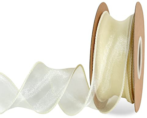 TONIFUL Chiffonband mit Draht, 3.8 cm breit, Beige, Cremeweiß, durchsichtig, Organzabänder für Basteln, Blumensträuße, Hochzeit, Auto, Party, Dekoration, Valentinstag, Schleife, Baumkränze