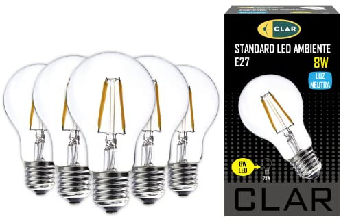 CLAR - Bombilla Filamento, Bombilla Filamento LED E27, Bombillas Decorativas, Bombilla Vintage, Bombilla LED E27 Vintage, 8W 4000ºK (Pack 5)