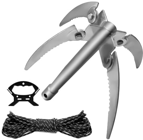 TIANLIN Ancre Bateau Pliable – Grappin Léger 0,4kg avec Corde 9,5m et Poignée, Mini Ancre Kayak, Sup et Accessoire Paddle Compact, pour Nettoyer la Végétation Aquatique Avant la Pêche