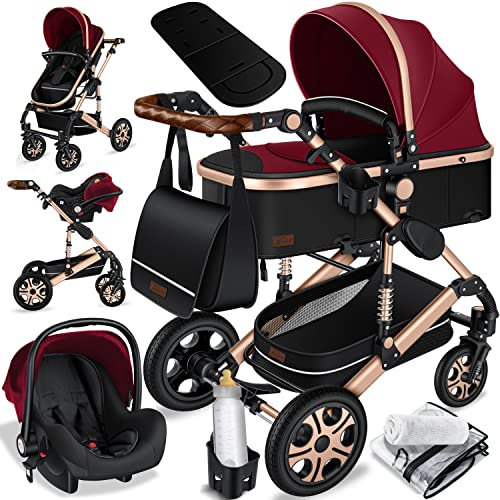 KESSER® Loops 4 in 1 Kinderwagen Kombikinderwagen Komplett-Set inkl. Babywanne & Buggy Sportsitz & Auto-Babyschale Voll-Gummireifen Wickeltasche Regenschutz Kindertisch ECE R129, Rot/Champagne