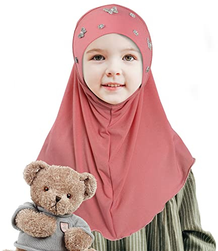 Lenmipot Little Girls Hijab Islamic Kids Hijab Headscarf Handmade Butterfly Rhinestone Muslim Hijab Cap for Girl (2-5year), Bfl- Orange Pink, One Size