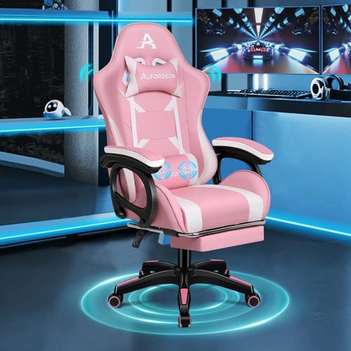 ALFORDSON Gamingstol med 2-punktsmassage, ergonomisk kontorsstol PU-läder med fotstöd, nackstöd ländryggskudde, 150° justerbart ryggstöd, rosa och vit
