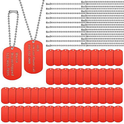 Yinkin Personalisierte Militär-Erkennungsmarken-Set, inklusive 100 Stück Aluminium-Hundemarken zum Gravieren, 100 Kugeln, Stahlkette, rechteckig, Metall, blanko, Stempeletiketten für Heimwerker