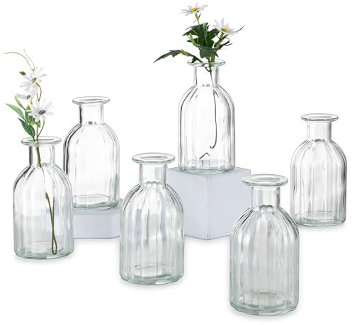 Inweder Glasvase für Weihnachten Tischdeko - Satz von 6 Kleinen Blumenvasen Vintage Gerippte Knospe Vase Glas Klar Glasflaschen Hochzeitsdeko Tisch Pflanze Propagation Station Raumdeko Wohnzimmer