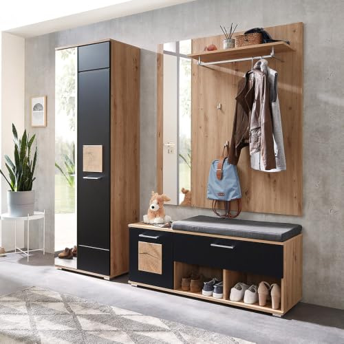 Lomadox Garderoben-Set 4-teilig in braun mit schwarz | Flurgarderobe in Eiche mit schwarz supermatt | Garderobenschrank, Spiegel, Schuhbank, Garderobenpaneel