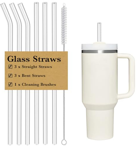 CteaTs 6 PCS Clear Glass Reusable Straws for Stanley 40 oz 30 oz Cup Tumbler, Shatter Proof, 6 Pack with Cleaning Brush