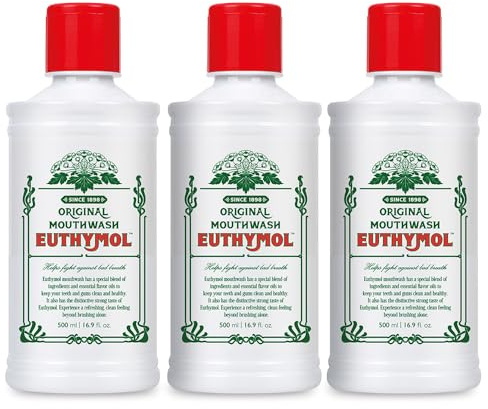 Euthymol Mouthwash Original 500ml x3, Fluoridfri, Stark Smak, Minskar Plack, Friska Tänder & Tandkött, Fräschar Upp Andedräkten, Daglig Munvård