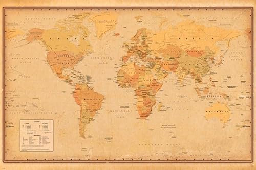 empireposter Harper Collins - Carte Vintage du Mond - Poster Druck Grösse 91,5x61 cm + 2 St Posterleisten Alu 93,5 cm