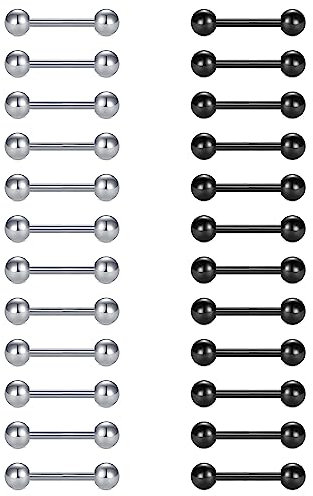FECTAS 24pcs Zunge Bars Nippel Bars Nippel Piercing Schmuck 14G 12mm Zunge Bar Piercing Edelstahl Silber Schwarz Nippel Zunge Piercing Schmuck