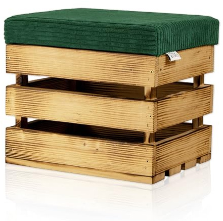 Lycce Pall med förvaringsutrymme, sittpall, trälåda flammad med vadderat lock, grön 35 l (40 x 32 x 34 cm), sittkista med lagringsutrymme för sängkläder, handdukar, leksaker och mycket mer.