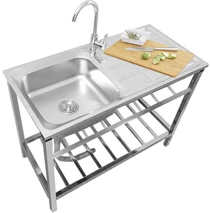 Freestanding Single Bowl Utility Sink,304 Stainless Steel 1 Compartment Kitchen Sinks W/Faucet & Drain,Outdoor Sink for Washing, Commercial Kitchen Prep for Laundry/Backyard/Garage, with Drainboard(Ho