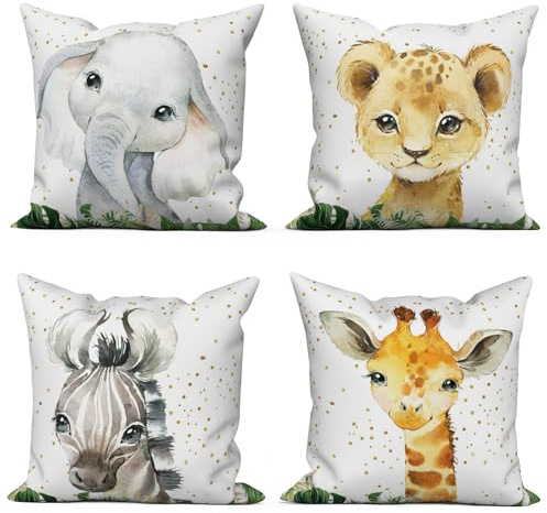 ASDCXZ Kinder Kissenbezug 40x40 cm 4er Set, Niedlich Tier Elefant Nilpferd Löwe Giraffe Sofa Dekokissen Kissenbezüge Kissenhülle Waschbar Polyester Flachs Textil Outdoor Kopfkissenbezug Kissen Bezug