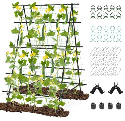 COSTWAY 41x57 Inch Cucumber Trellis, A-Frame Metal Garden Trelli with Netting, Clips & Plant Ties, Grow Support Stand Trellis for Climbing Vines Plant Vegetables Tomato Flowers